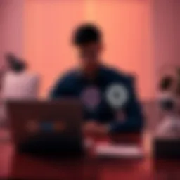 AI Models Comparison A person sitting at a desk with a laptop, comparing three different AI models represented by logos: ChatGPT, Claude, and Gemini.