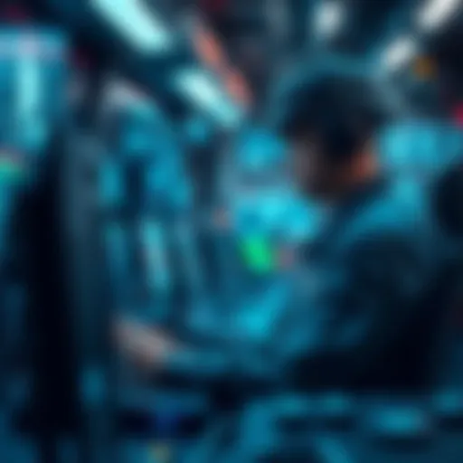 A military officer using AI technology for decision-making in a high-tech command center.