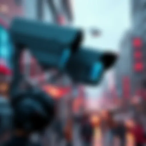 A digital surveillance system analyzing facial recognition data of citizens in a city environment, highlighting the concept of preemptive action against dissent.