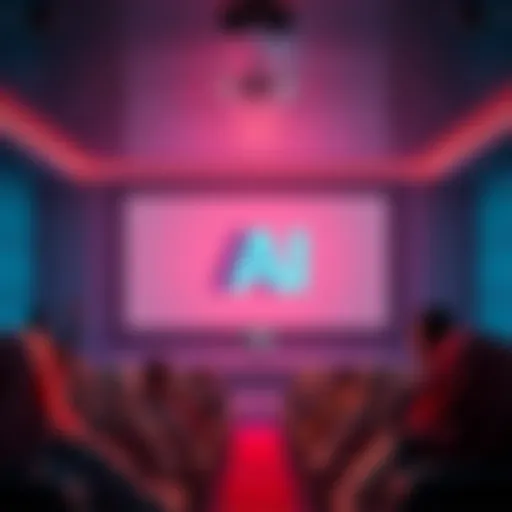 A cinema screen displaying an AI movie streaming logo with audience members watching in a theater