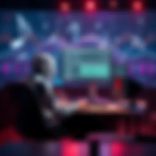 A person sitting at a computer with music software open, creating a song using AI tools, with musical notes and sound waves in the background.