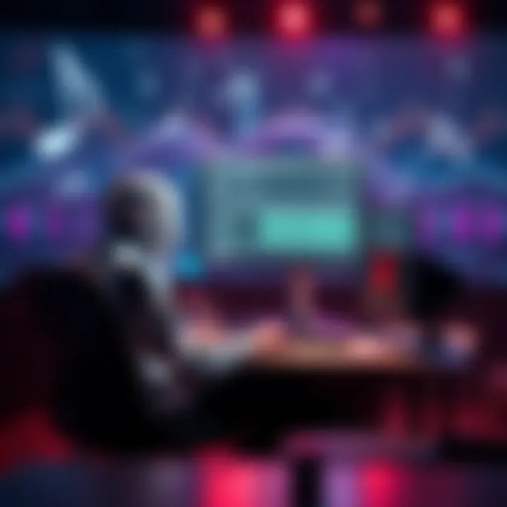 A person sitting at a computer with music software open, creating a song using AI tools, with musical notes and sound waves in the background.