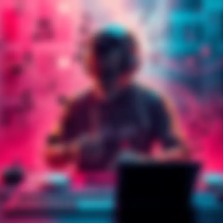 AI Music Creation A digital artist creating slop songs using AI technology, surrounded by musical notes and sound waves.