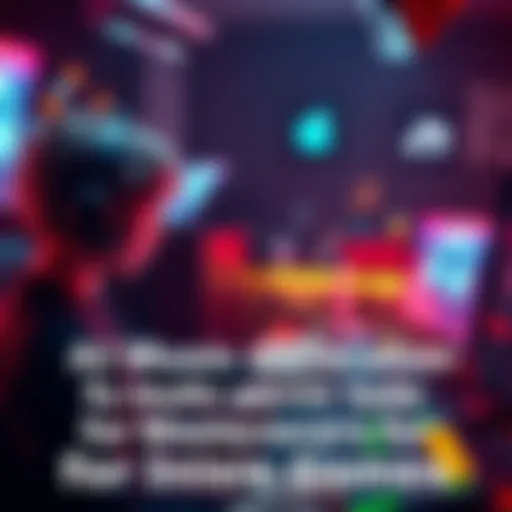 A digital artist creating music for an indie game using AI software, with gaming elements in the background.