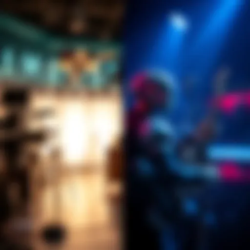 A split scene showing a film set with equipment and a musician with instruments, highlighting the acceptance of AI in movies and the skepticism in music.