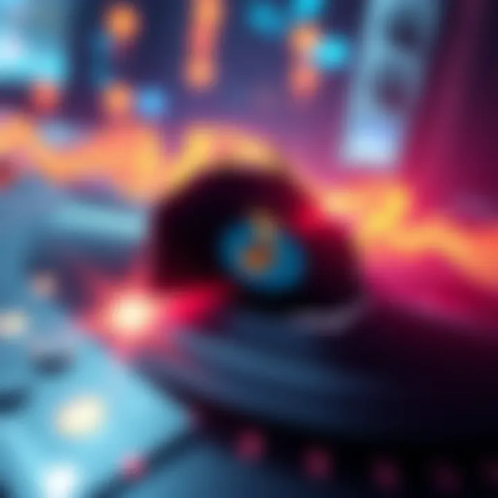 An illustration showing a music note transforming into a broken record with AI elements around it.
