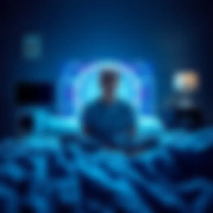 A person sitting on a bed, looking worried with a glowing AI device in the background, representing fears of artificial intelligence.