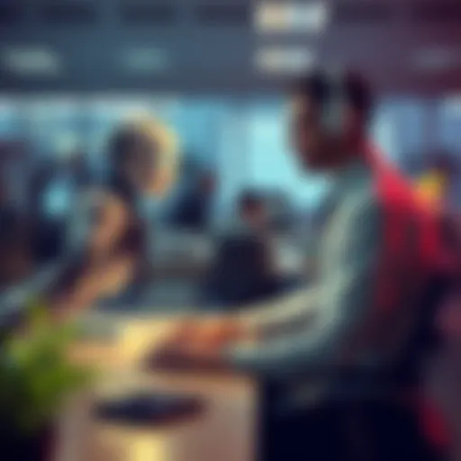 An office worker engaged in a conversation with a robot at a desk, illustrating the relationship between AI and human jobs.