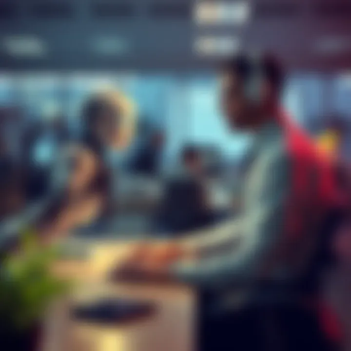 An office worker engaged in a conversation with a robot at a desk, illustrating the relationship between AI and human jobs.