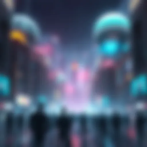 A futuristic city where robotic figures dominate the skyline, overshadowing human workers who appear small and overwhelmed. The scene reflects the rise of technology over human roles.