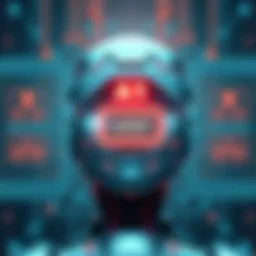AI Responding to Pain Signals An illustration showing an AI system with a digital interface reacting to pain signals, highlighting a relief button among real and fake options.