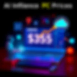 AI Influence on PC Prices A personal computer with a rising price tag reflecting the impact of AI technology, surrounded by various AI-related icons, like a robot and cloud computing symbols.