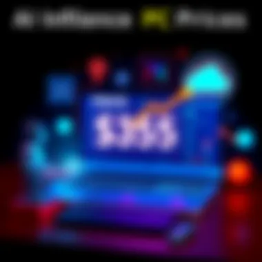 AI Influence on PC Prices A personal computer with a rising price tag reflecting the impact of AI technology, surrounded by various AI-related icons, like a robot and cloud computing symbols.
