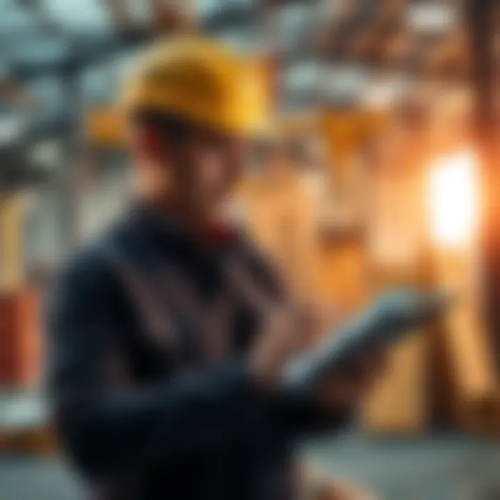 A trades professional using an AI-driven PDF reader app on a tablet to access service manuals in a construction setting.