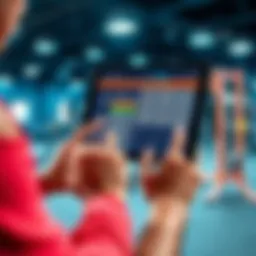 A person using a tablet to view a customized workout plan and diet suggestions, with gym equipment visible in the background.