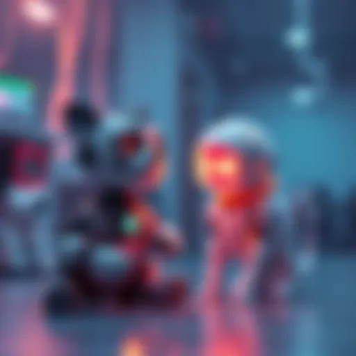 A visual representation of an AI pet named BUDDY alongside a virtual assistant called KAIROS, depicting their playful interaction in a tech-inspired environment.