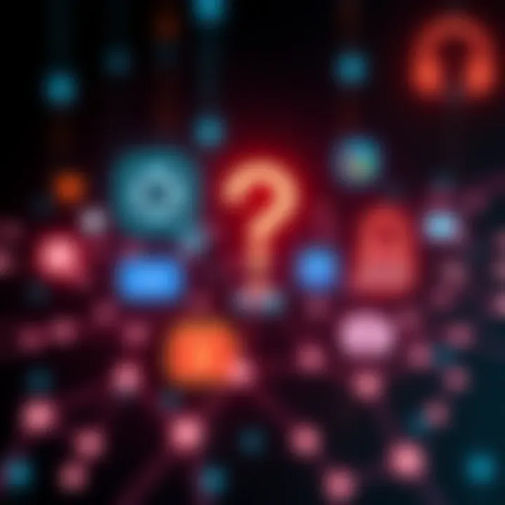 Illustration showing various AI platforms connected by lines, suggesting interaction and coordination, with a question mark symbol above them.