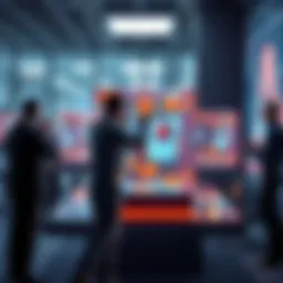 People interacting with holographic AI political cubes in a modern office setting, showcasing their influence on political strategy.