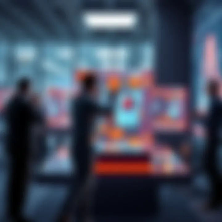 People interacting with holographic AI political cubes in a modern office setting, showcasing their influence on political strategy.
