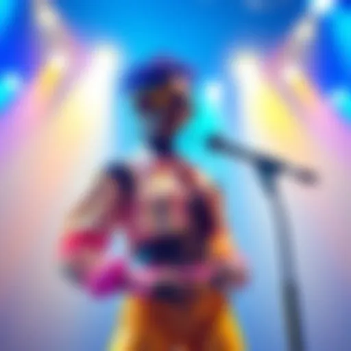 A vibrant pop-star persona created by AI, featuring a colorful outfit and stylish accessories, posed confidently on stage with a microphone.