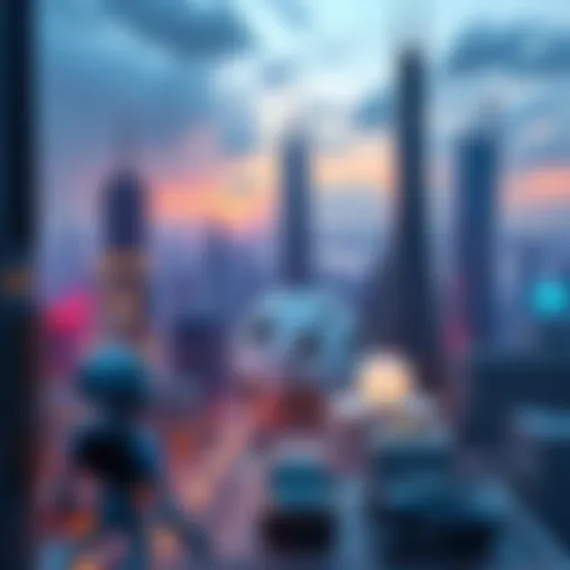 A futuristic city skyline with robots and AI technology integrated into everyday life.