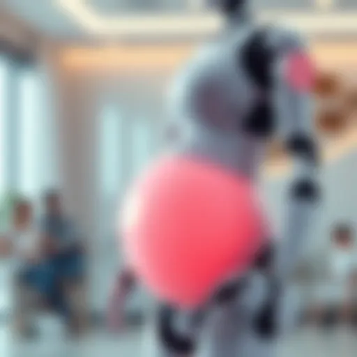 A robot with a pregnant belly symbolizes the concept of AI carrying pregnancies. The background shows a modern family setting.