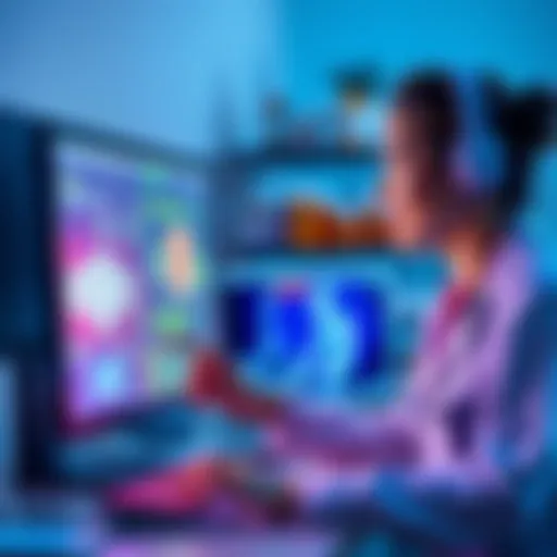 A healthcare professional reviewing an AI system on a computer, with medication bottles in the background.