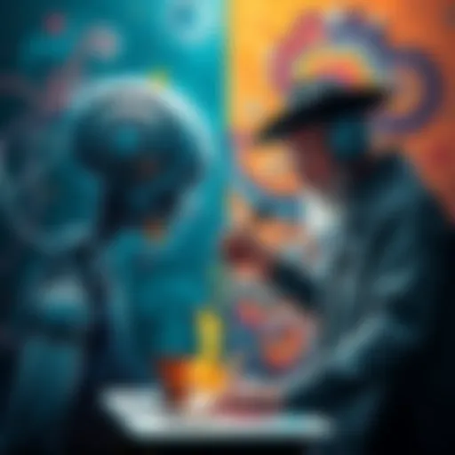 A split image showing an AI-generated artwork on one side and a traditional print artist creating on the other side, highlighting the contrast between technology and traditional artistry.