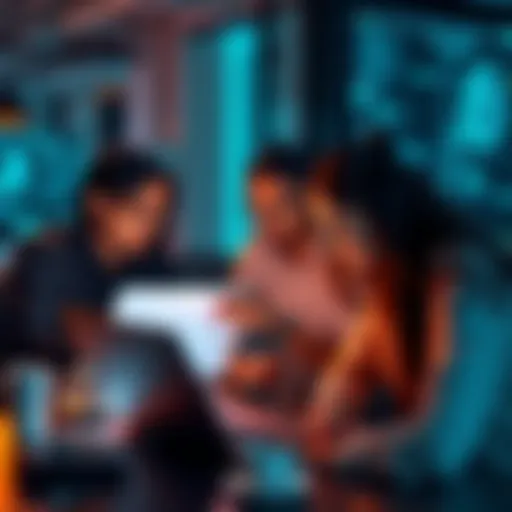 A group of diverse people collaborating with laptops and AI technology to increase workplace efficiency.