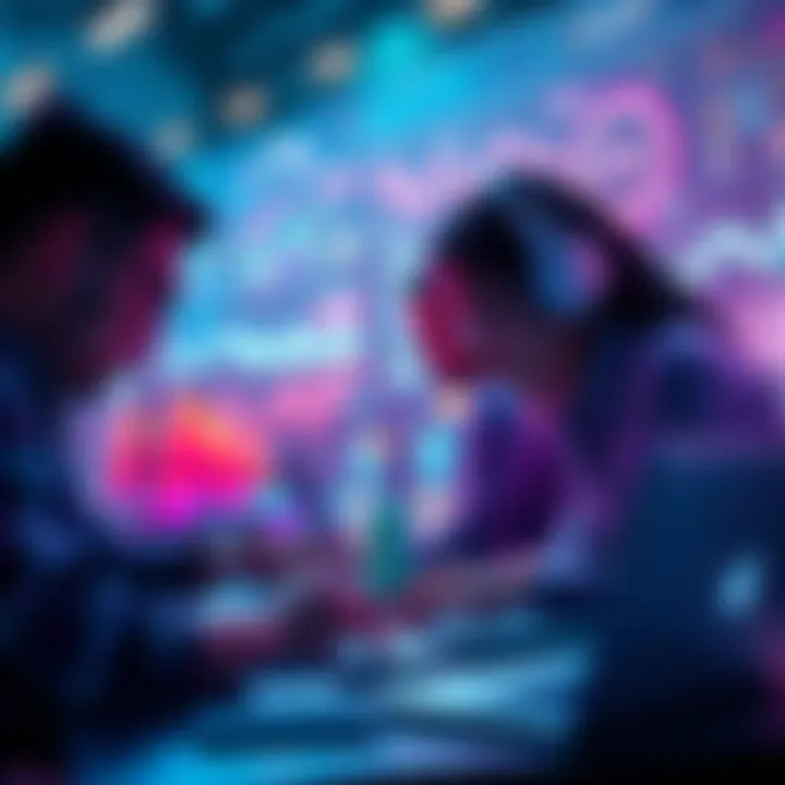 A group of AI professionals collaborating on a project with laptops and digital screens displaying data analytics.