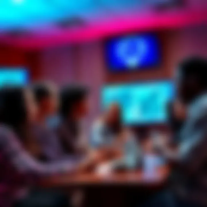 A diverse group of people gathering together, engaging in discussions about inclusivity and acceptance, with AI tools displayed on screens in the background