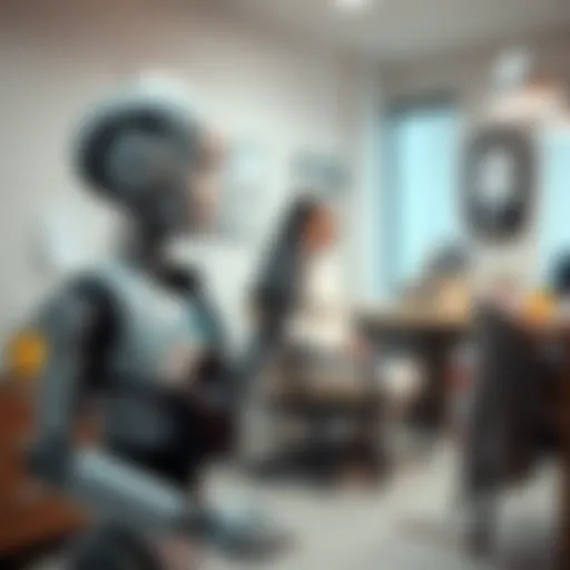 A chiropractor's office with an AI receptionist robot assisting a patient on the phone, displaying a friendly interaction, while a chiropractor is seen in the background.