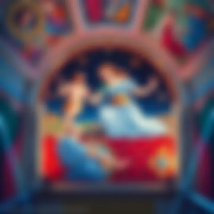 A colorful depiction of Roman frescoes showing vibrant scenes and figures, recreated by artificial intelligence, showcasing cultural themes from the 1st century.