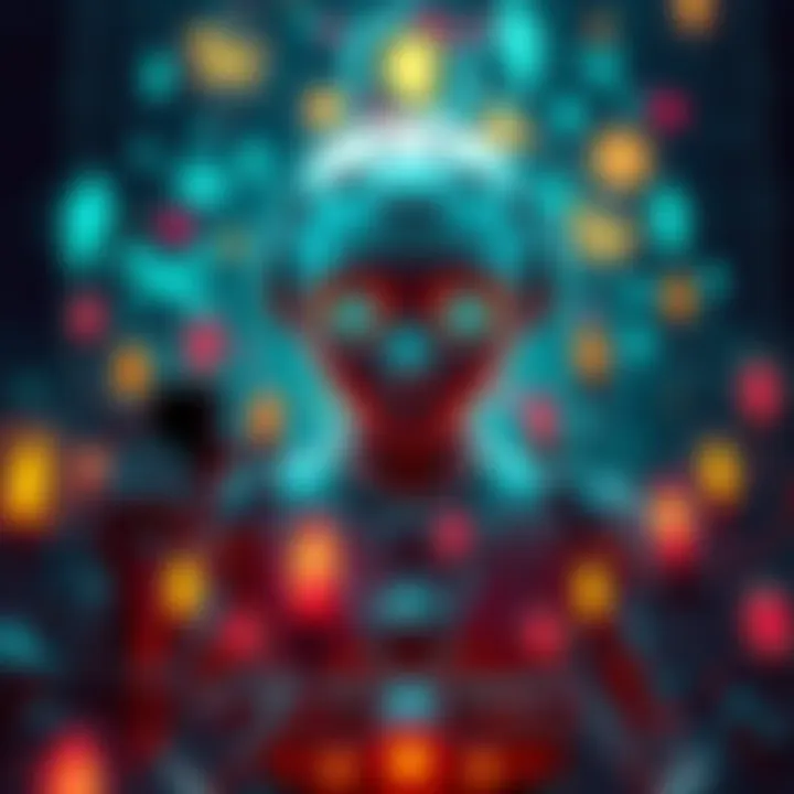 A futuristic AI entity surrounded by human symbols, symbolizing its contemplation of human meaning and existence.