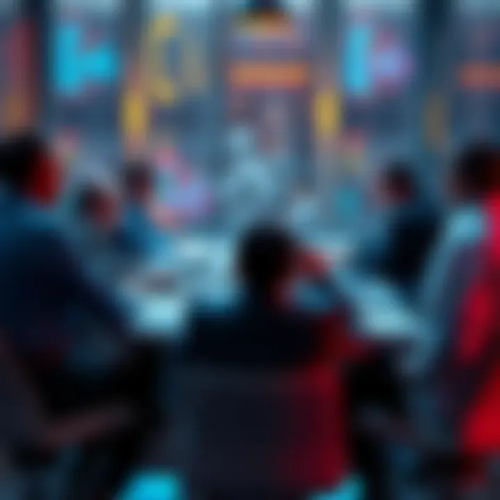 A group of people gathered around a table discussing AI regulations, with papers and laptops on the table.
