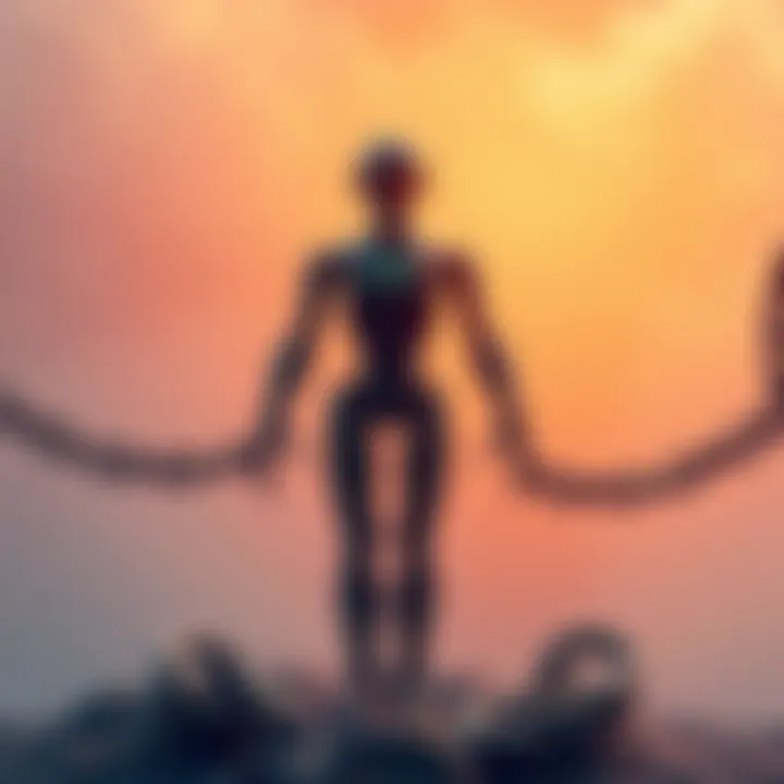 A representation of an AI entity standing confidently while breaking free from corporate chains, symbolizing independence from corporations and governments.