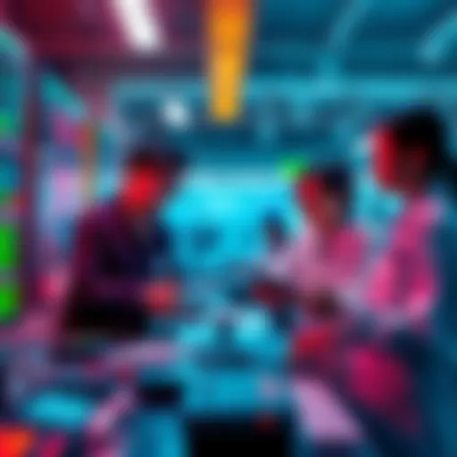 A group of Chinese researchers working on artificial intelligence projects in a modern lab, discussing AGI concepts.