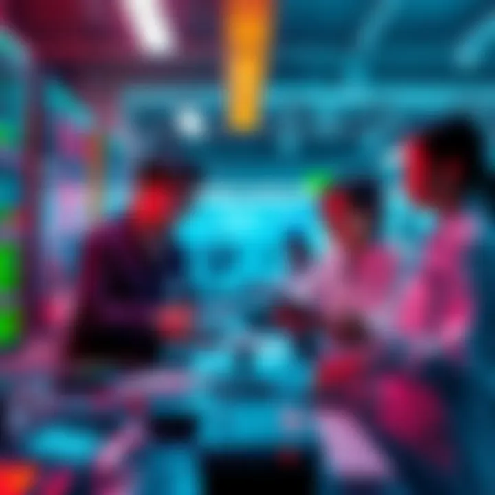 A group of Chinese researchers working on artificial intelligence projects in a modern lab, discussing AGI concepts.