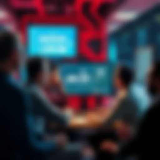A group of worried employees in an AI department looking at a computer screen showing job cut announcements.