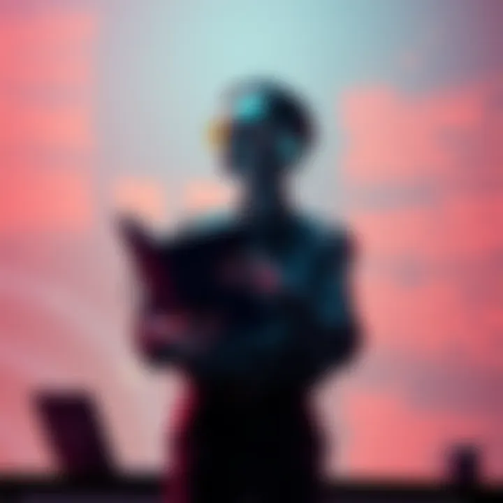 An AI researcher standing in front of a laptop, holding a notebook filled with poetry, looking thoughtful as they leave the tech world behind.