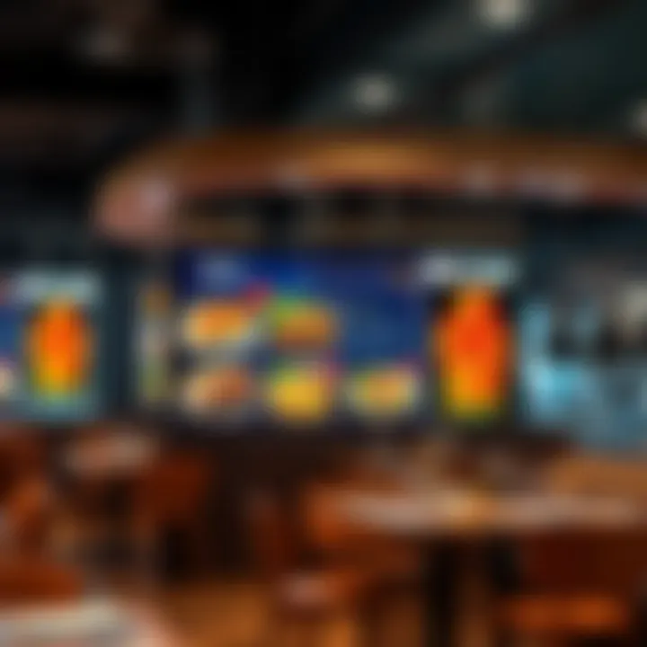 A modern restaurant setting with a digital screen showcasing AI-generated menu items and vibrant food imagery.