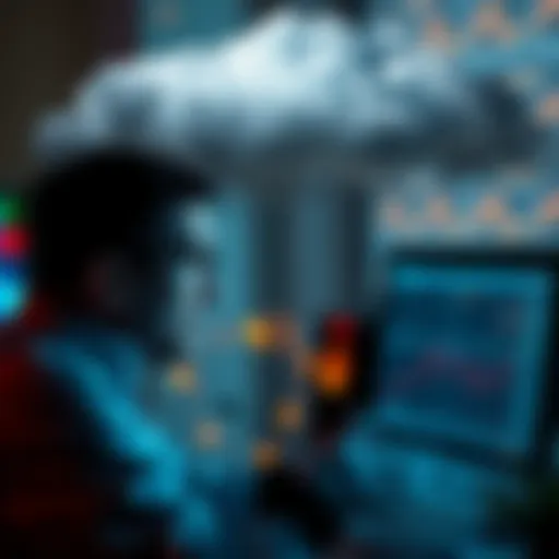 A concerned researcher looking at a computer screen displaying AI data, with a dark cloud looming above representing danger.