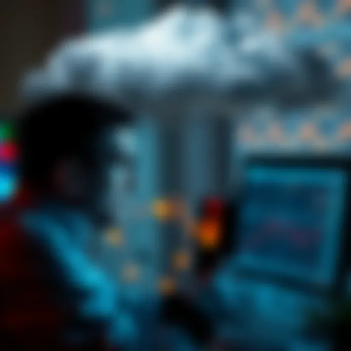 A concerned researcher looking at a computer screen displaying AI data, with a dark cloud looming above representing danger.