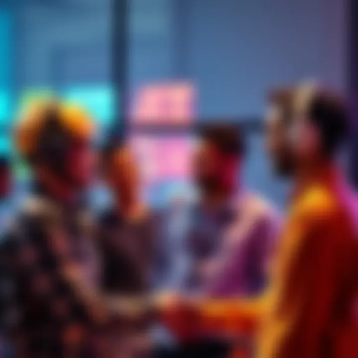 A group of friends engaged in a discussion, with one person pointing to a digital screen showing AI-related graphics.