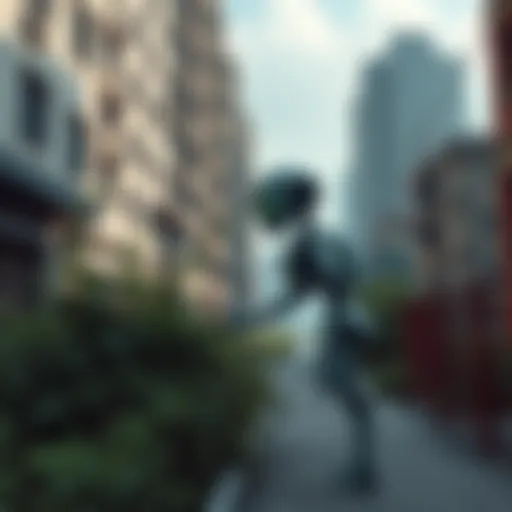 A futuristic robot exploring an empty city street with overgrown plants and abandoned buildings, symbolizing a world without humans.