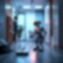 A friendly AI robot performing household tasks like cleaning floors and organizing items, while a person watches nearby, showcasing the interaction between humans and technology.