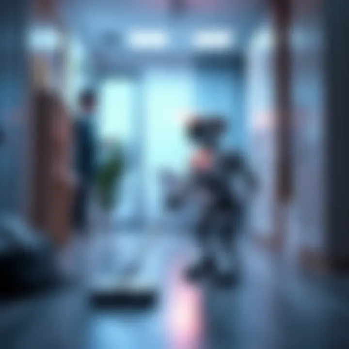 A friendly AI robot performing household tasks like cleaning floors and organizing items, while a person watches nearby, showcasing the interaction between humans and technology.