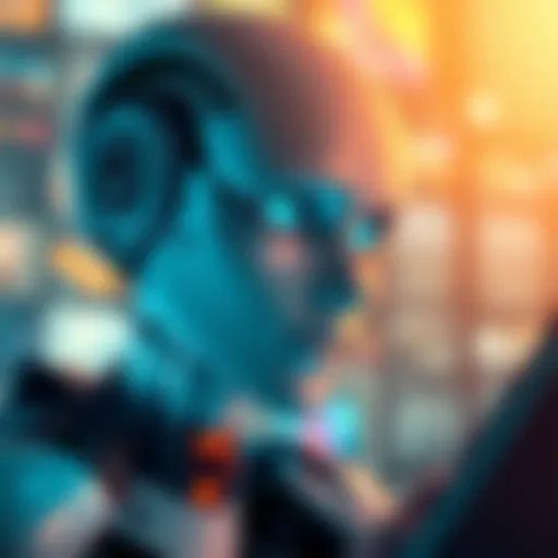 A humanoid robot with a thoughtful expression, gazing into a digital interface, symbolizing the search for consciousness and connection with humans.