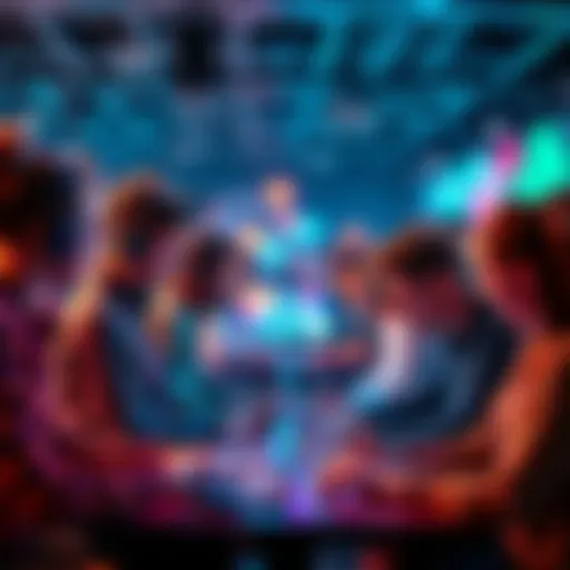 A diverse group of developers sharing their innovative AI tools during a gaming event