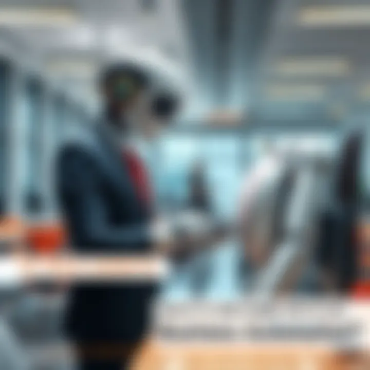 A futuristic AI sales agent assisting a business person in a modern office environment, highlighting automation in sales processes.